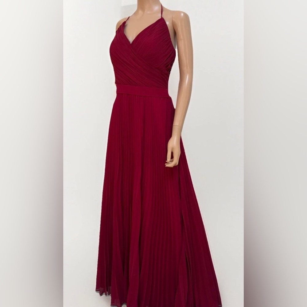 Camille La Vie Burgundy Pleated Halter Maxi Dress